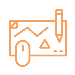 Illustration of a computer mouse and design tools such as a pencil and shapes, representing graphic design and digital creativity.