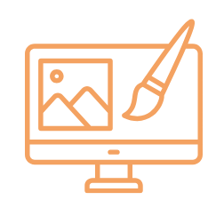 Illustratie van een computer met een penseel en een afbeelding, die creatief ontwerp en digitale kunst symboliseert.